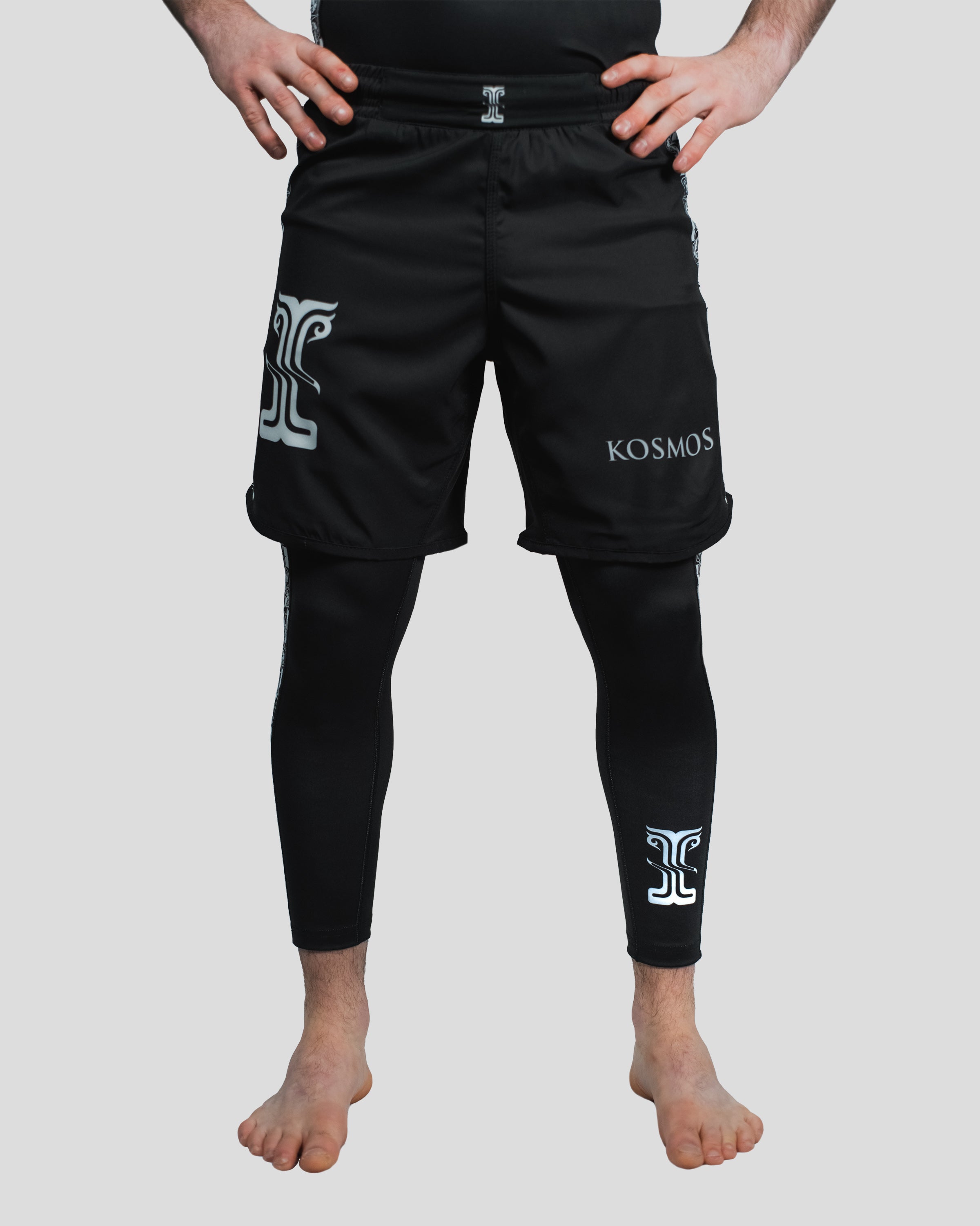 Front view of the Persist Shorts, engineered for combat sports with lightweight, flexible material and bold Kosmos branding